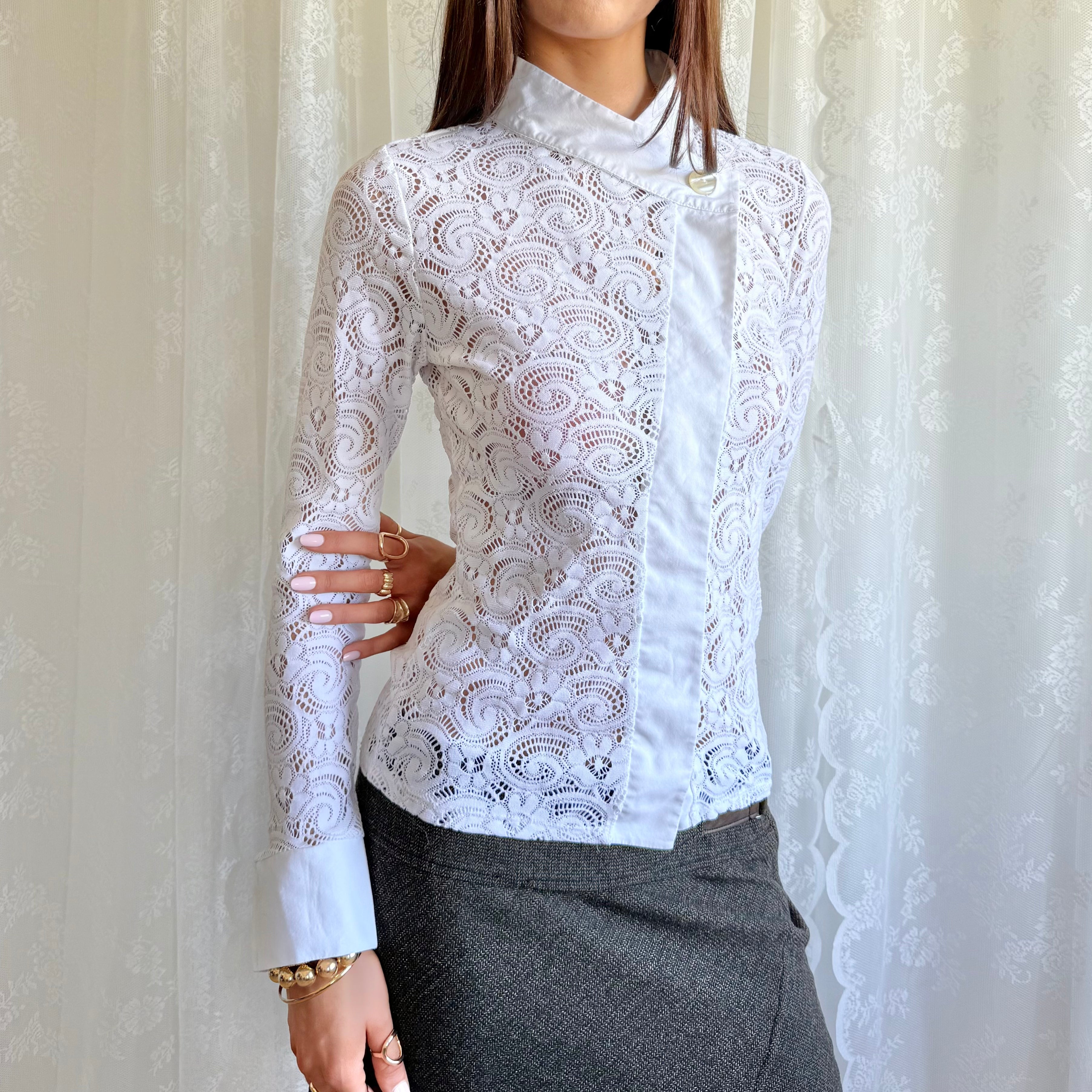 Lace Asymmetric Button Shirt - Size M
