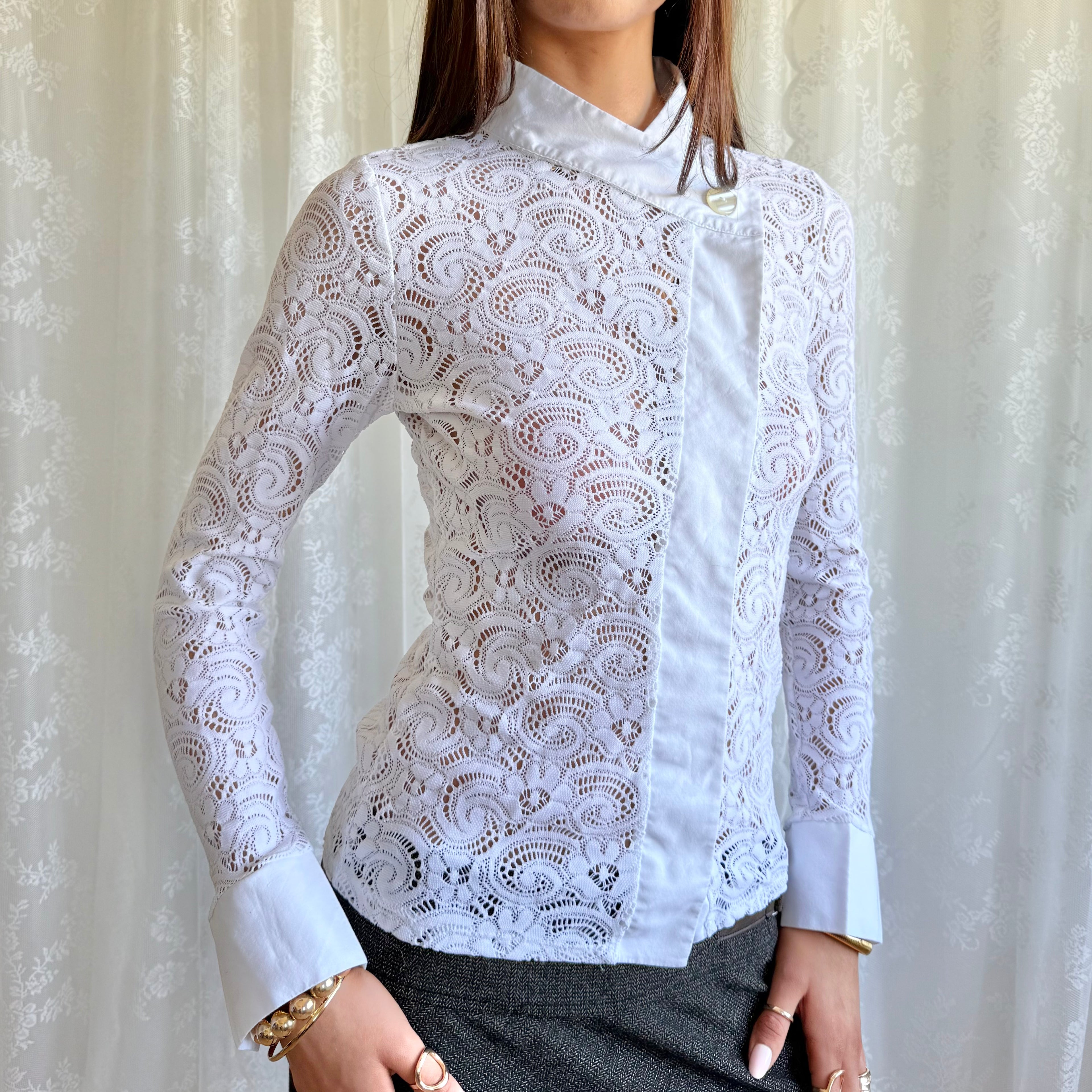 Lace Asymmetric Button Shirt - Size M