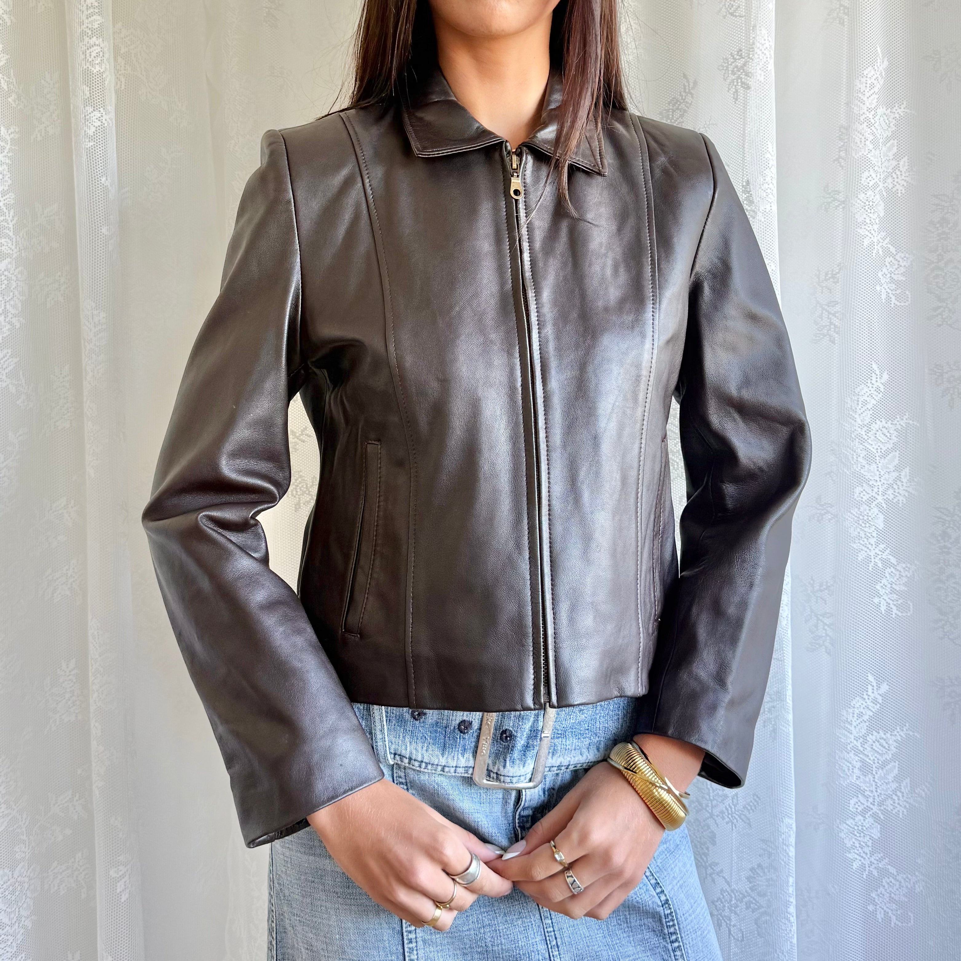Genuine Leather Zip Jacket - Size M