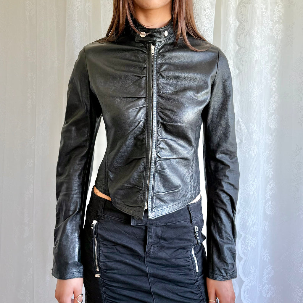 Genuine Leather Ruched Zip Jacket - Size S