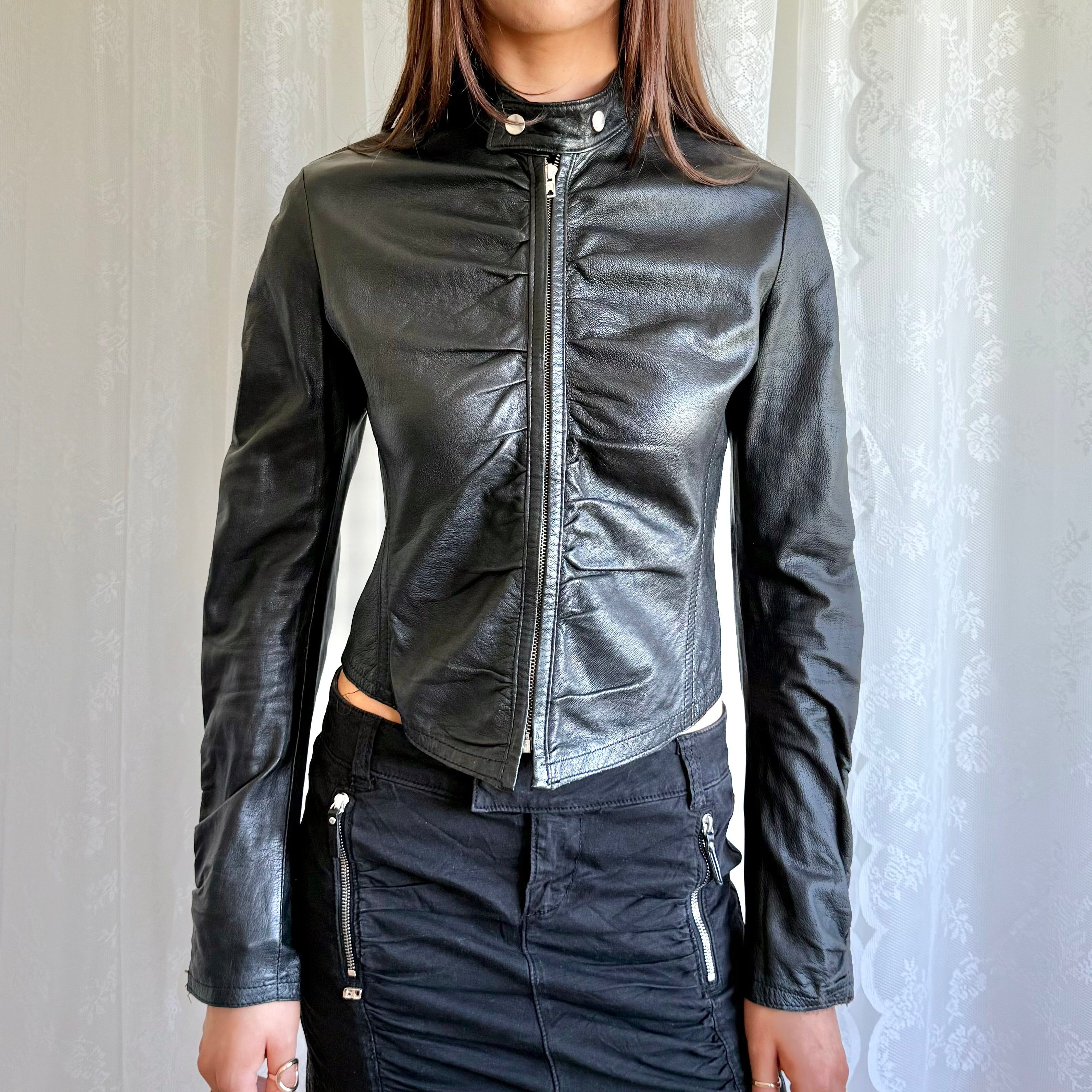 Genuine Leather Ruched Zip Jacket - Size S