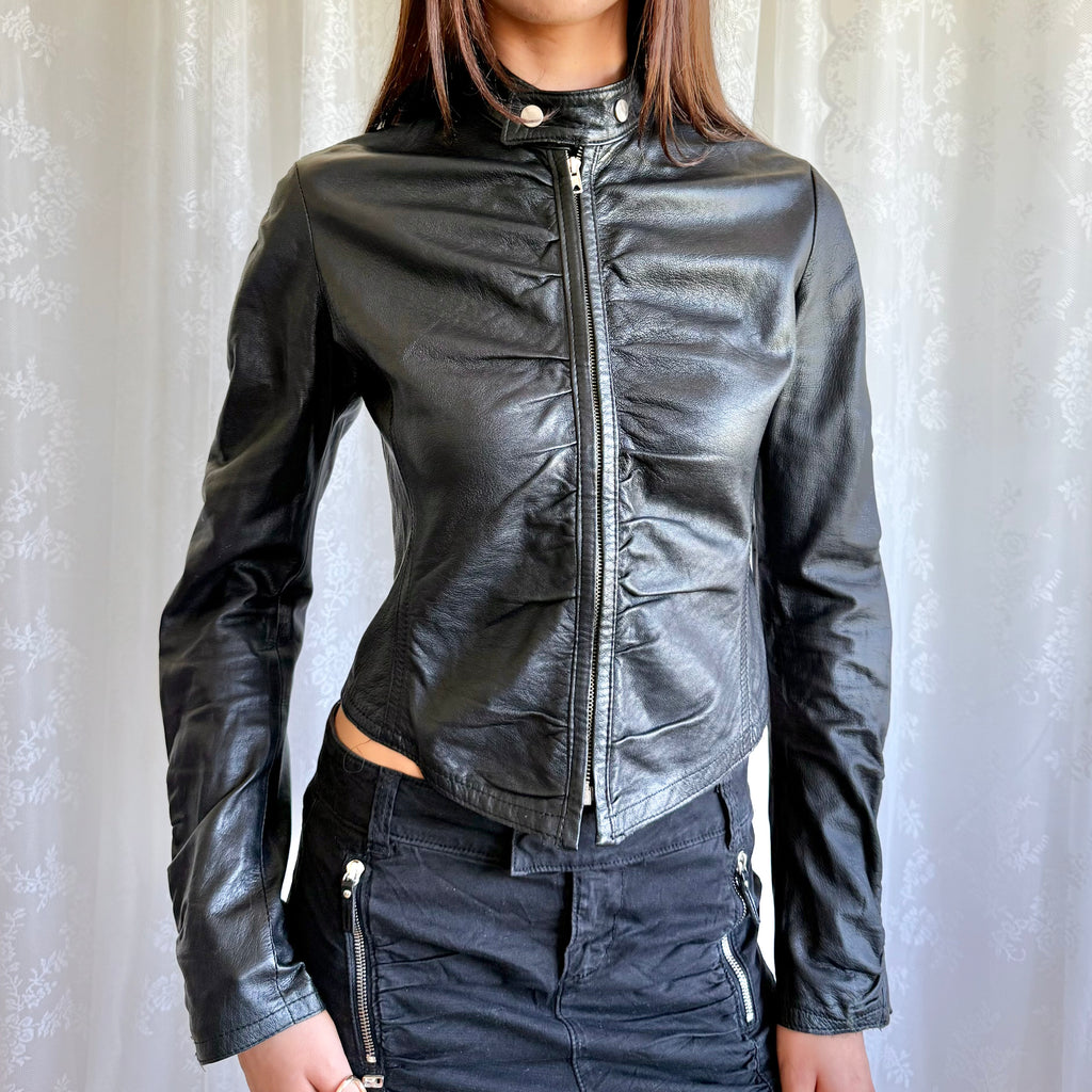 Genuine Leather Ruched Zip Jacket - Size S