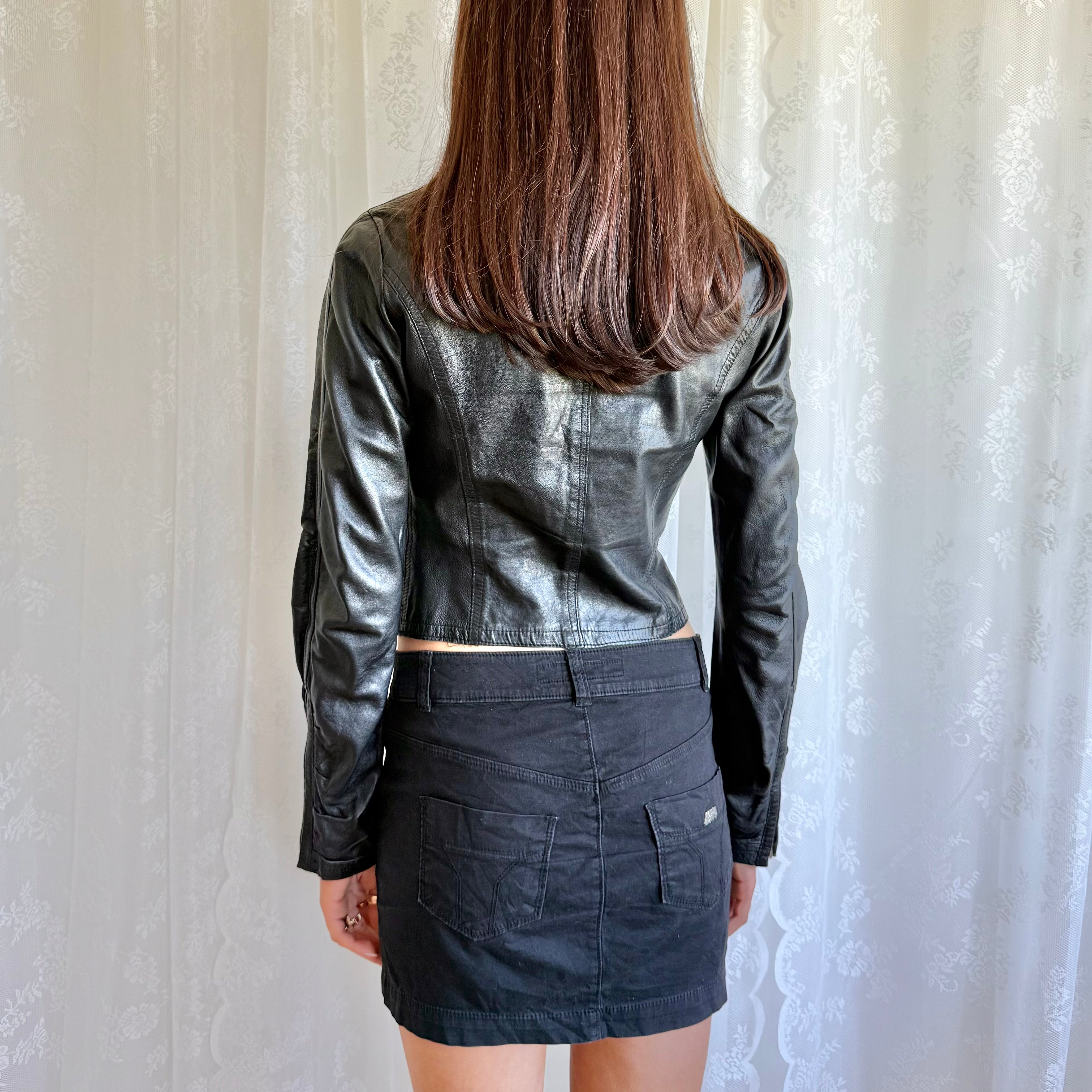Genuine Leather Ruched Zip Jacket - Size S