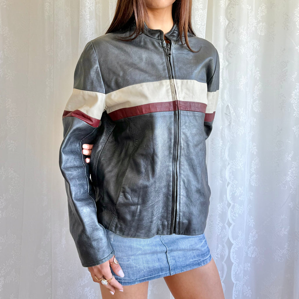 Genuine Leather Moto Zip Jacket - Size XL