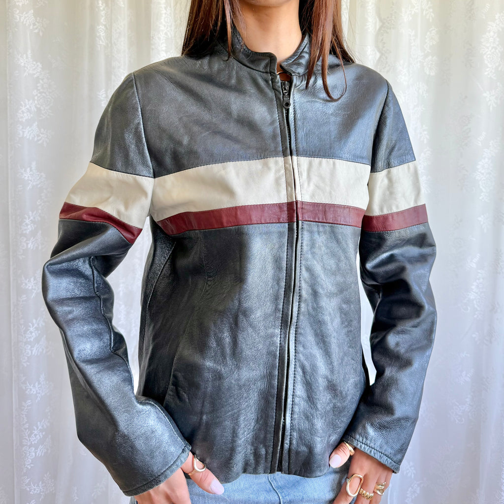 Genuine Leather Moto Zip Jacket - Size XL