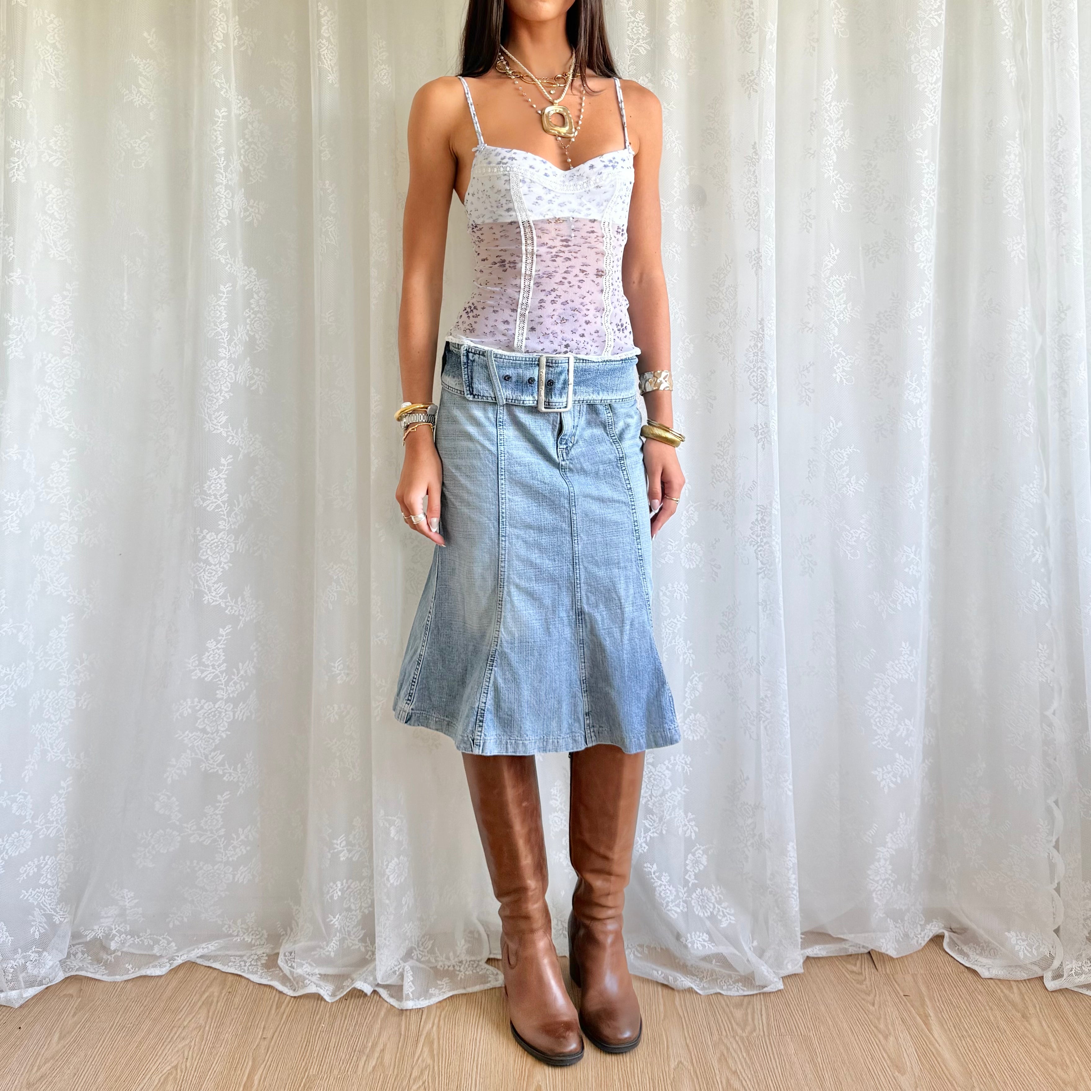 Denim Buckle Midi Skirt - Size S