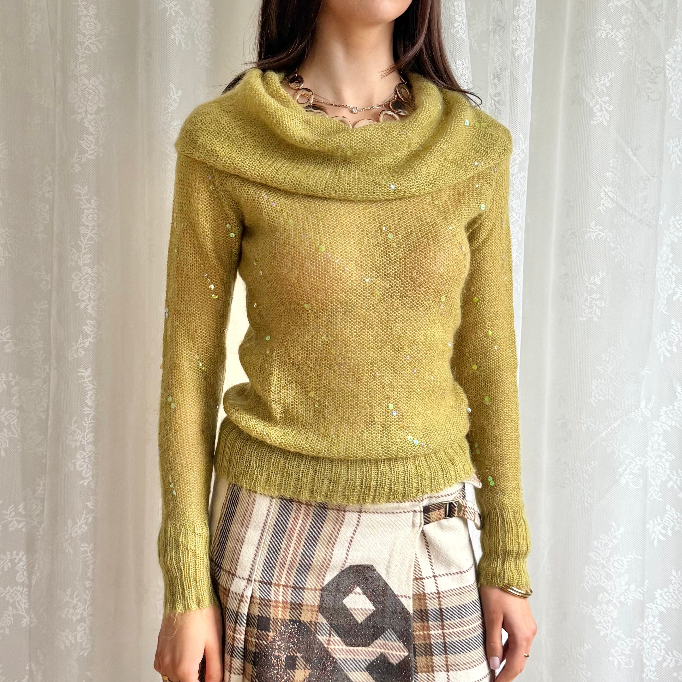 Off The Shoulder Sequin Mohair Knit Jumper - Size M