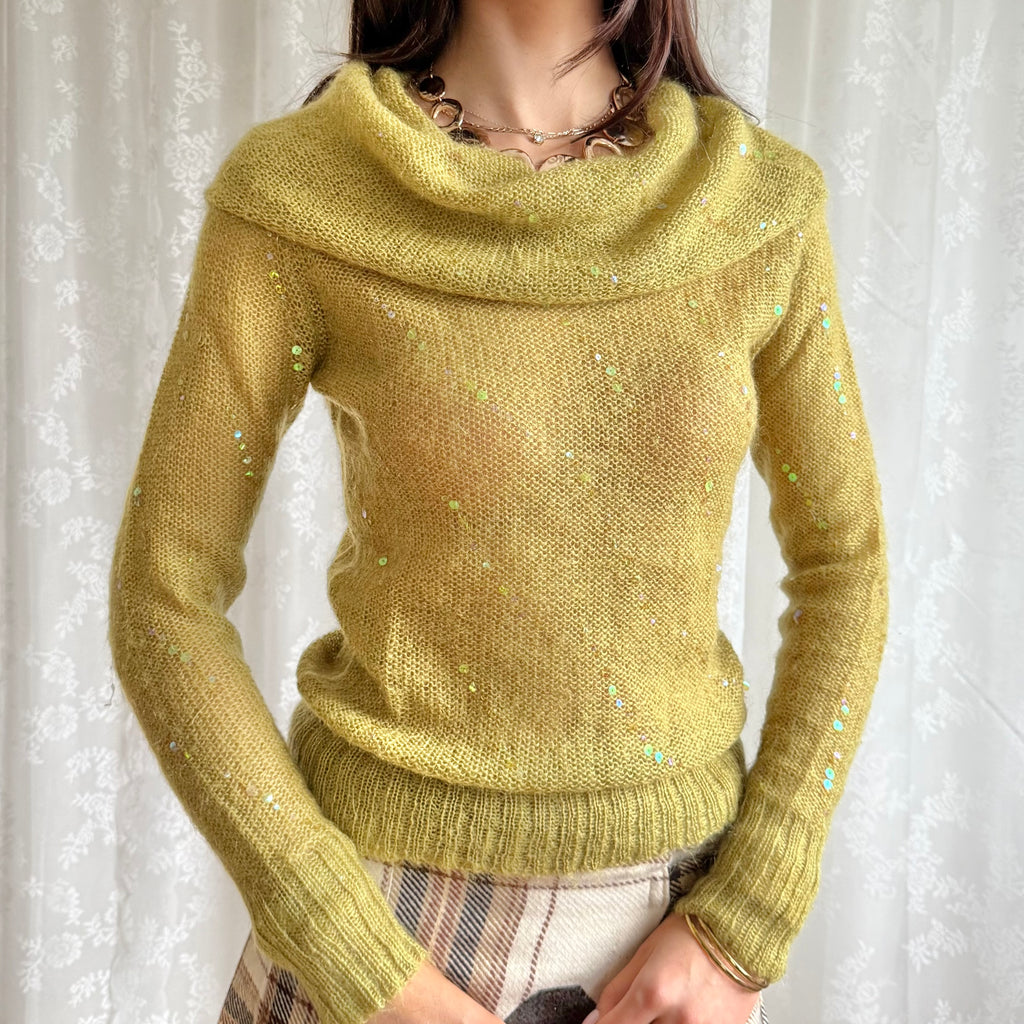 Off The Shoulder Sequin Mohair Knit Jumper - Size M