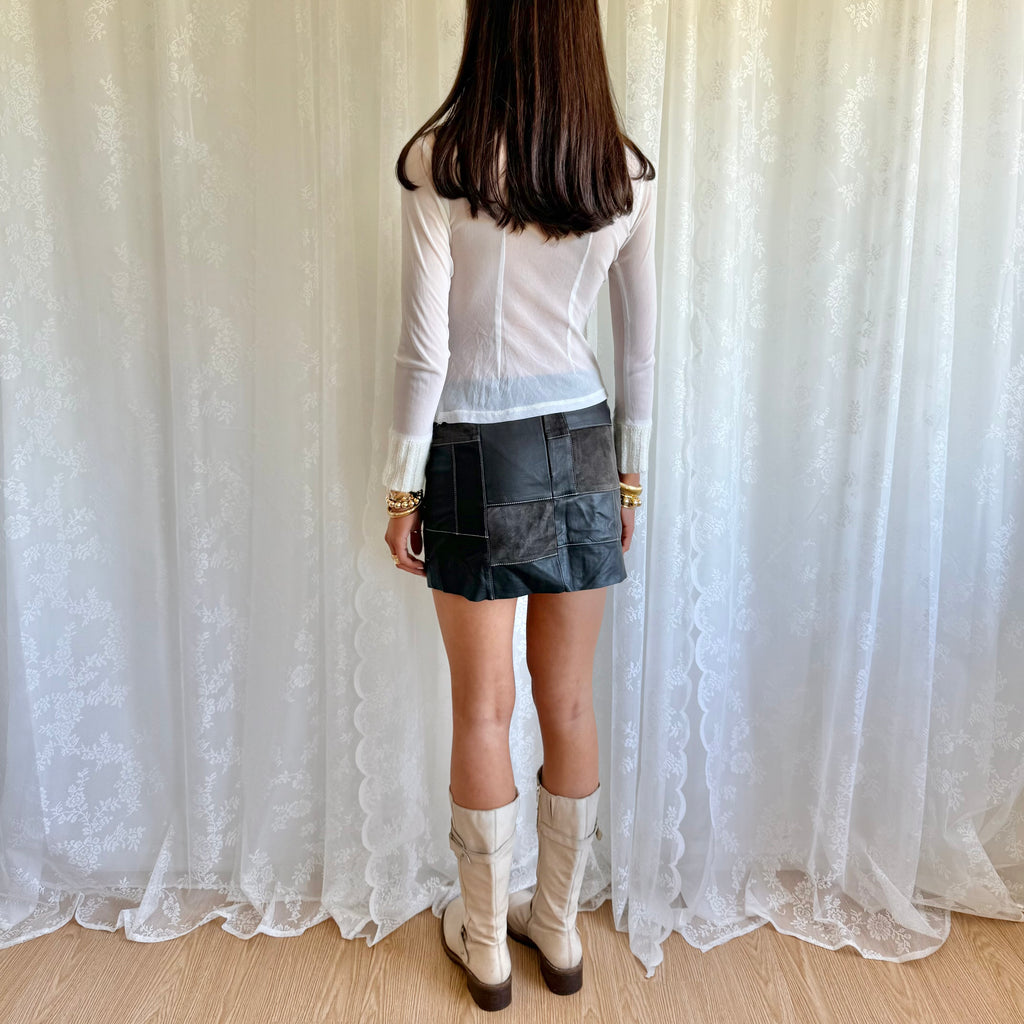 Genuine Leather Patchwork Mini Skirt - Size S