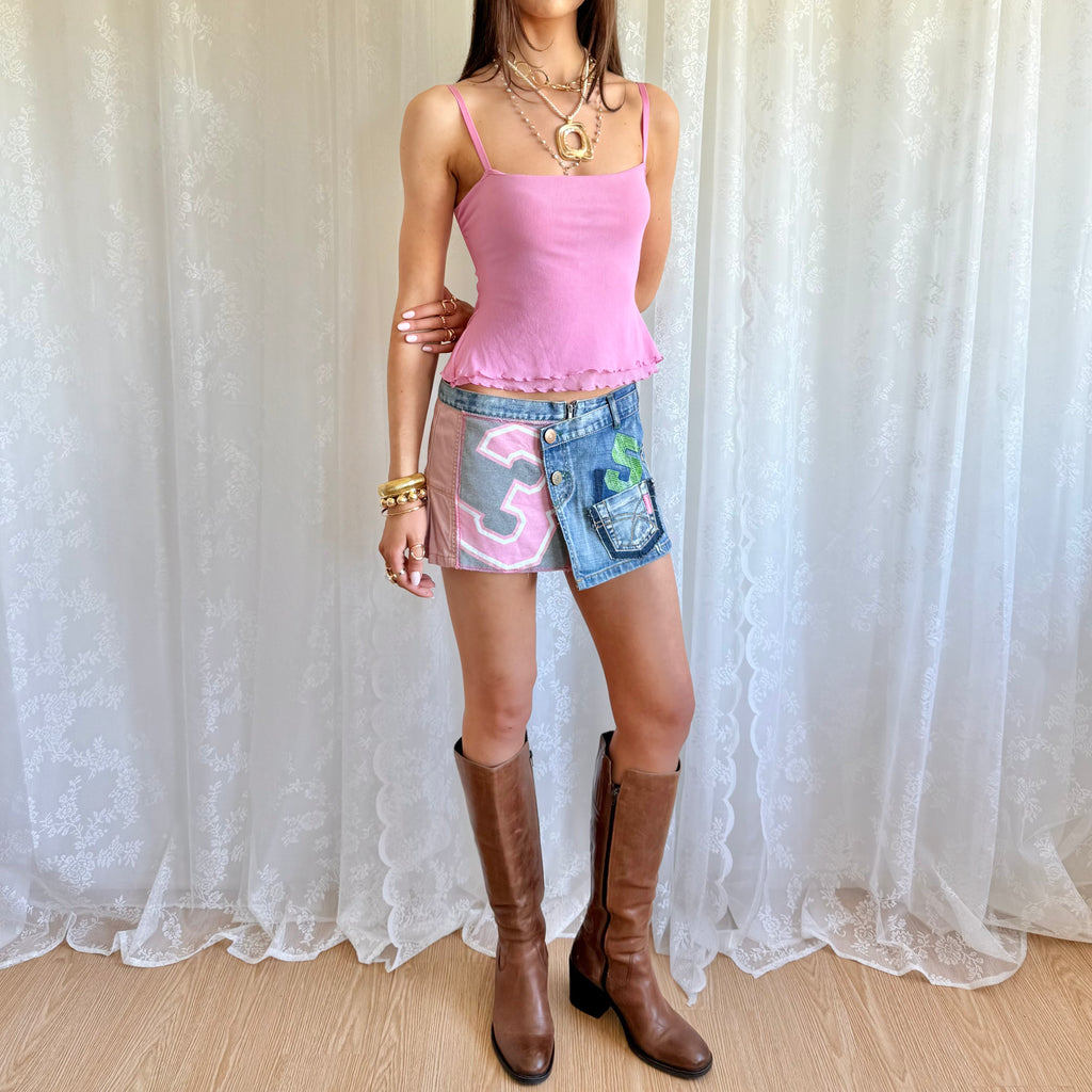 Denim Graphic Asymmetric Mini Skirt - Size S