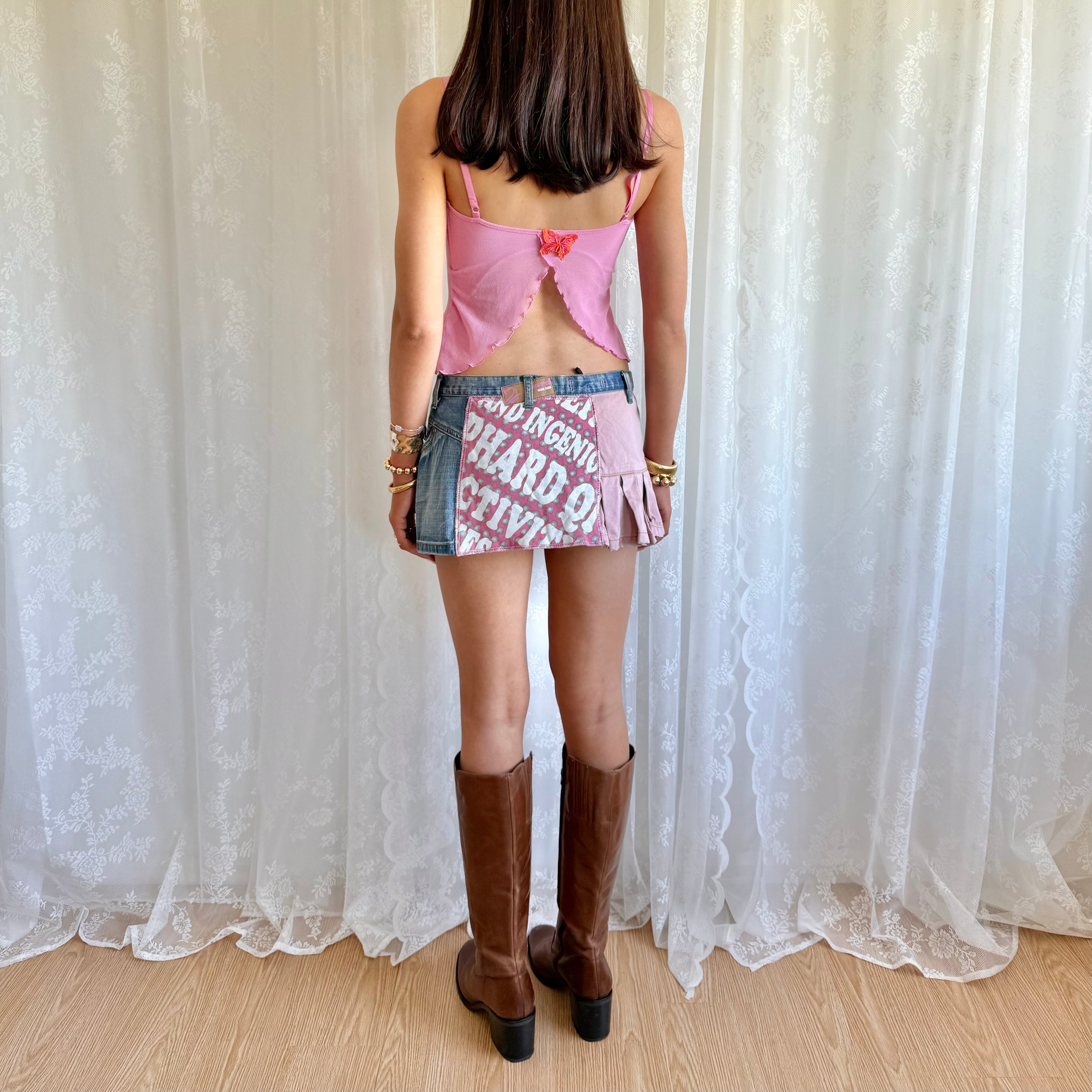 Denim Graphic Asymmetric Mini Skirt - Size S