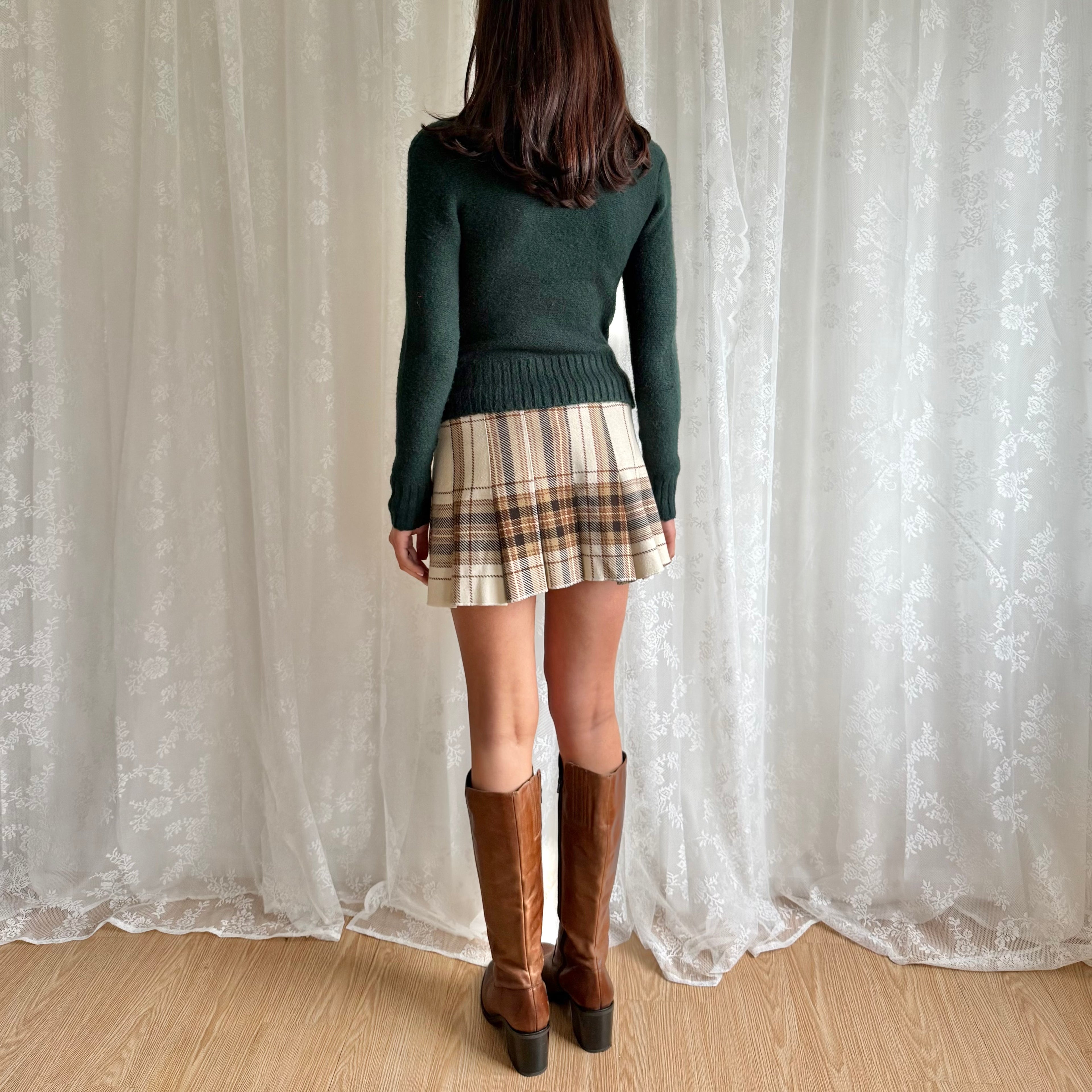 Wool Plaid Pleated Mini Skirt - Size S