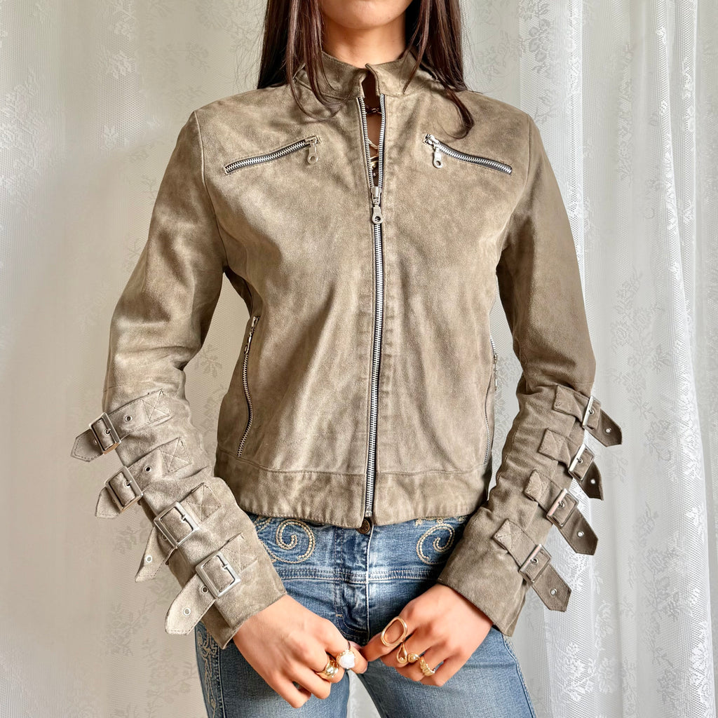 Genuine Suede Zip Buckle Jacket - Size M
