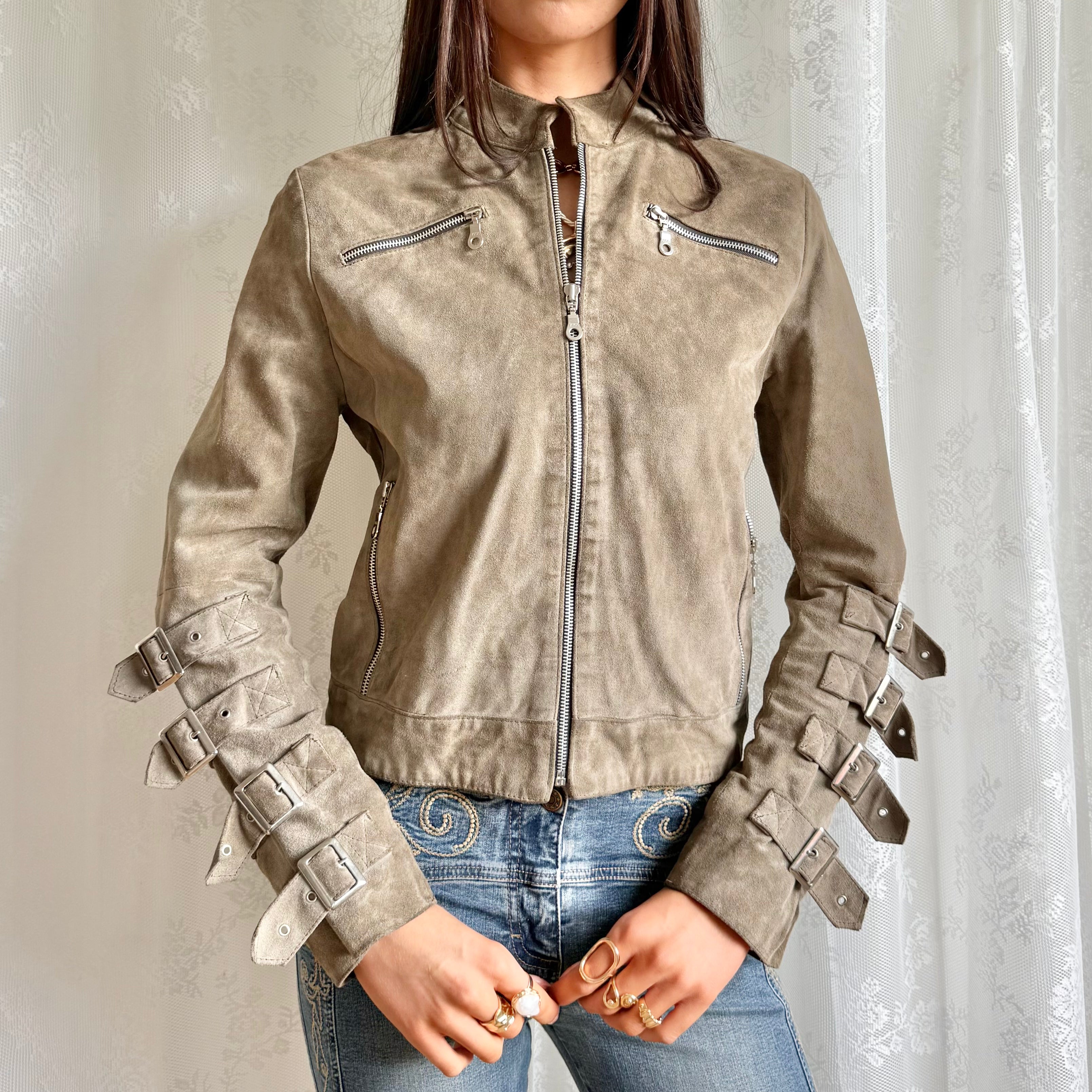 Genuine Suede Zip Buckle Jacket - Size M