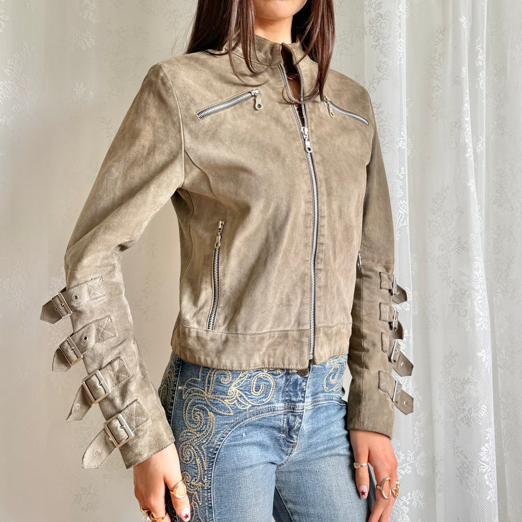 Genuine Suede Zip Buckle Jacket - Size M
