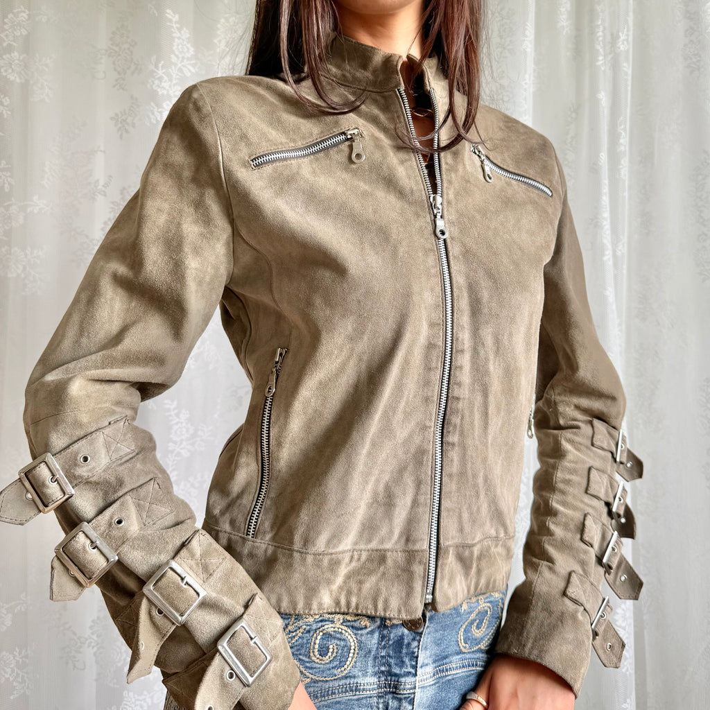 Genuine Suede Zip Buckle Jacket - Size M