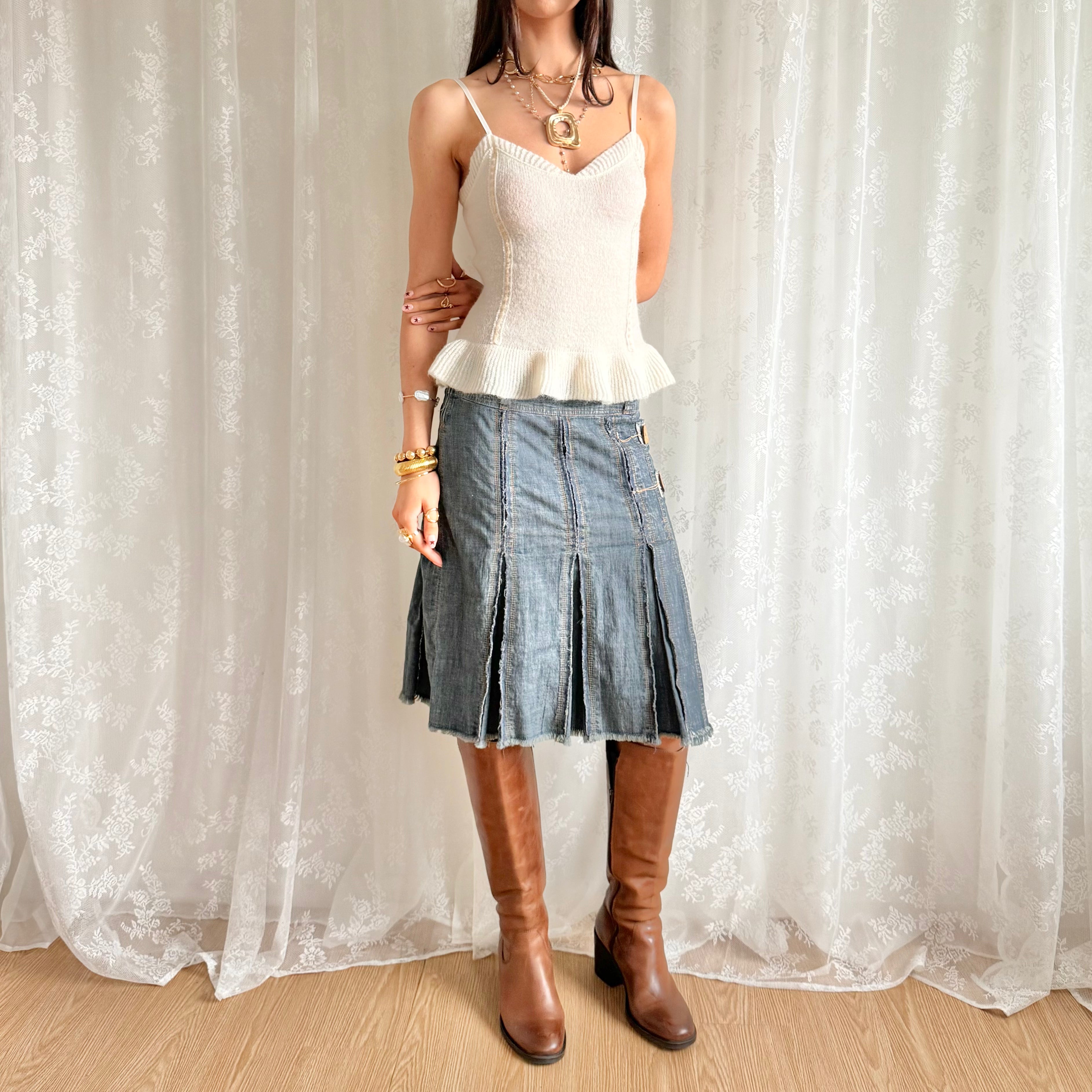 Denim Pleated Midi Skirt - Size M